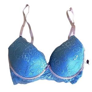 🌺 Secret Lace Bow Underwire Blue Demi Style Padded Bra Size 34D NWT